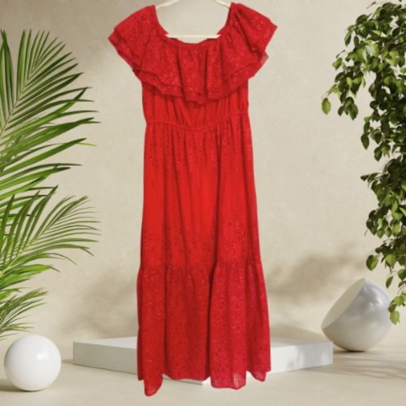 NWT Mexican Style Off-Shoulder Red Eyelet Maxi Dress - Picture 1 of 3